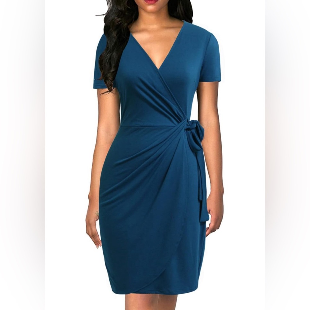 V-neck faux wrap dress, dark blue, S